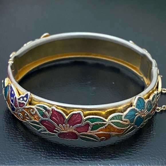 Vintage Unsigned Gold-tone Floral Flower Cloisonne Hinged Bangle Bracelet 36.2g - Picture 4 of 16